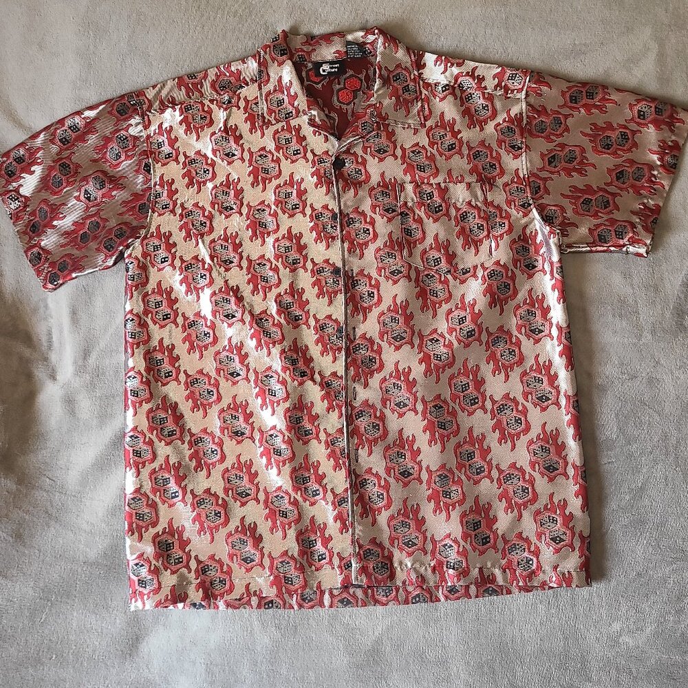 Street Culture Men's XL Short Sleeve Button Up with Flaming Dice